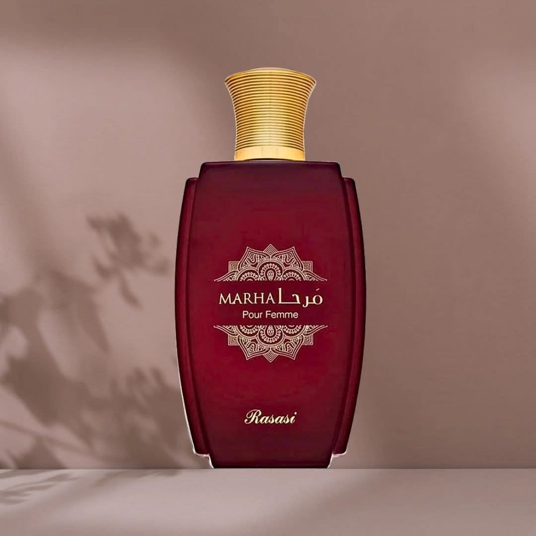Rasasi Marha Pour Homme and Femme Eau de Parfum spray bundle, 100ml each, featuring elegant bottles with stylish caps.
