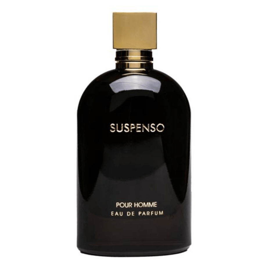 Fragrance World Suspenso Men Eau De Parfum 100ML bottle with sleek design and black cap, displayed on a white background.