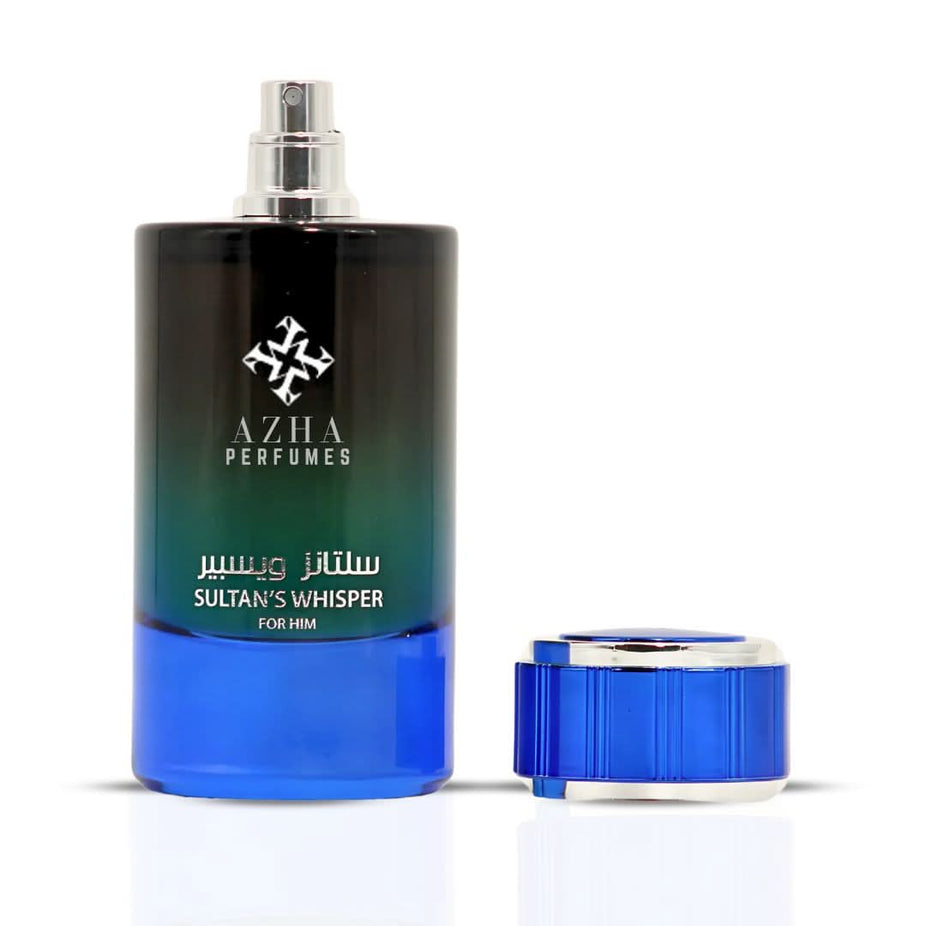 Azha Sultan's Whisper for Him Eau de Parfum spray 100ml bottle, featuring sleek packaging and elegant design.