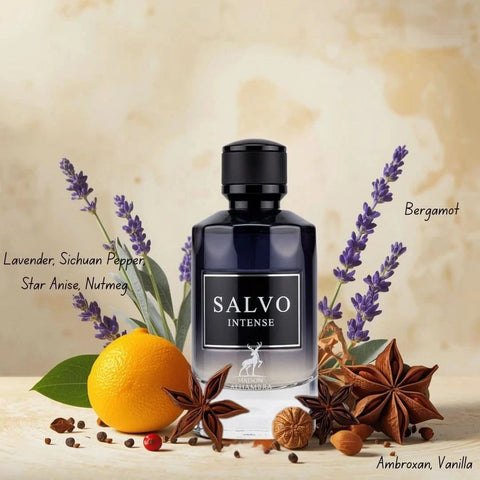 Maison Alhambra Salvo Intense Eau de Parfum spray 100ml bottle, elegant packaging, showcasing the luxurious fragrance design.