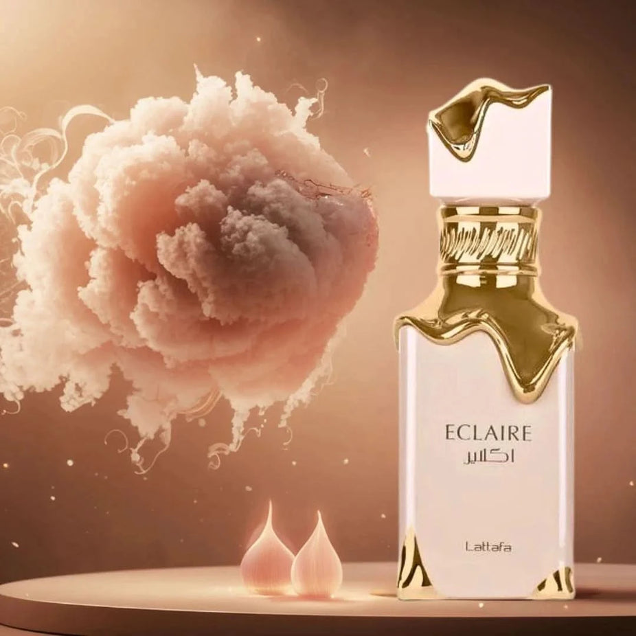 Lattafa Eclaire & Angham Eau de Parfum sprays bundle, 100ml each, featuring sleek bottles with elegant cap designs.
