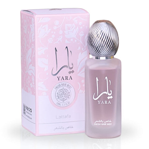 Lattafa Yara EDP spray, hair mist, and perfumed spray in a bundle, featuring elegant bottles with floral and fruity designs.