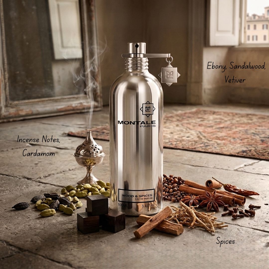 Montale Wood & Spices Eau de Parfum spray 100ml bottle, featuring warm wood and spicy fragrance notes in a sleek design.
