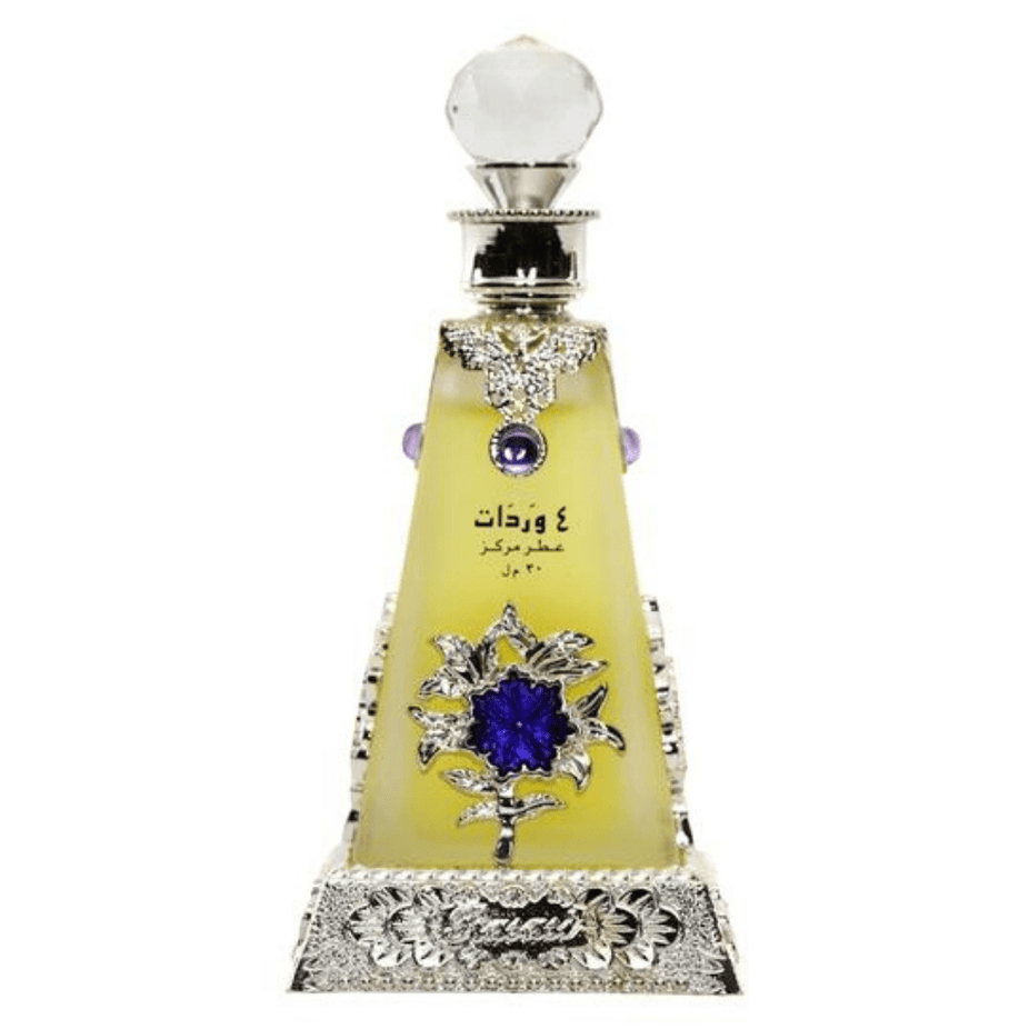 Rasasi Arba Wardat perfume oil bottle, 30ml CPO concentrated perfume oil with elegant packaging and luxurious design.