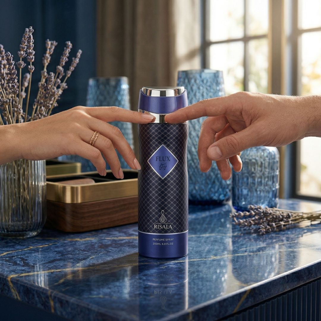 Elite Risala Flux Body Spray 200ml deodorant bottle with sleek design and black cap.