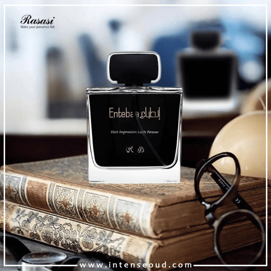 Rasasi Entebaa for Men Eau de Parfum spray 100ml bottle, sleek design, showcasing the fragrance packaging.