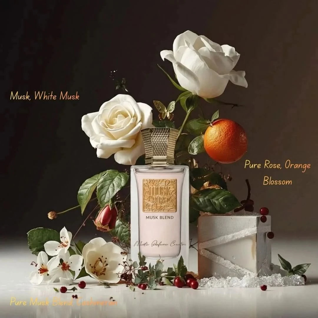 Khadlaj Musk Pure Musk Blend Eau de Parfum spray 60ml with velvet pouch, featuring elegant glass bottle and fragrance details.