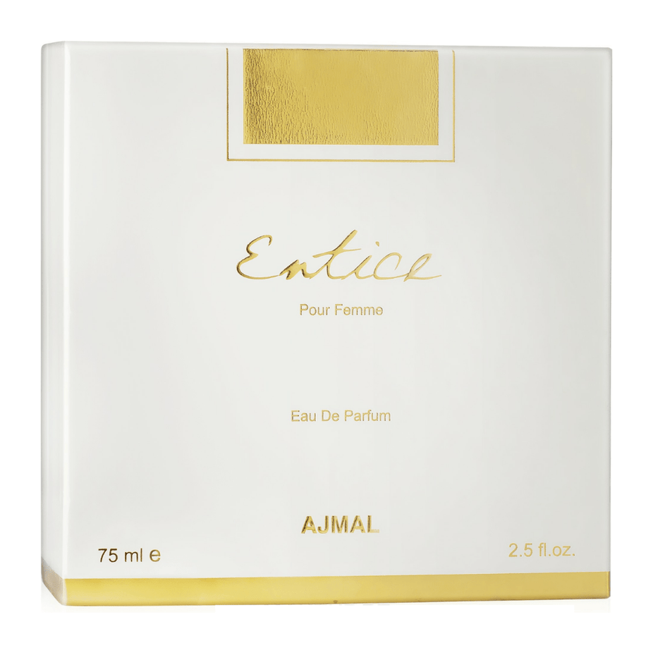 Ajmal Entice for Women EDP 75ML bottle with elegant floral and fruity fragrance design on the packaging.