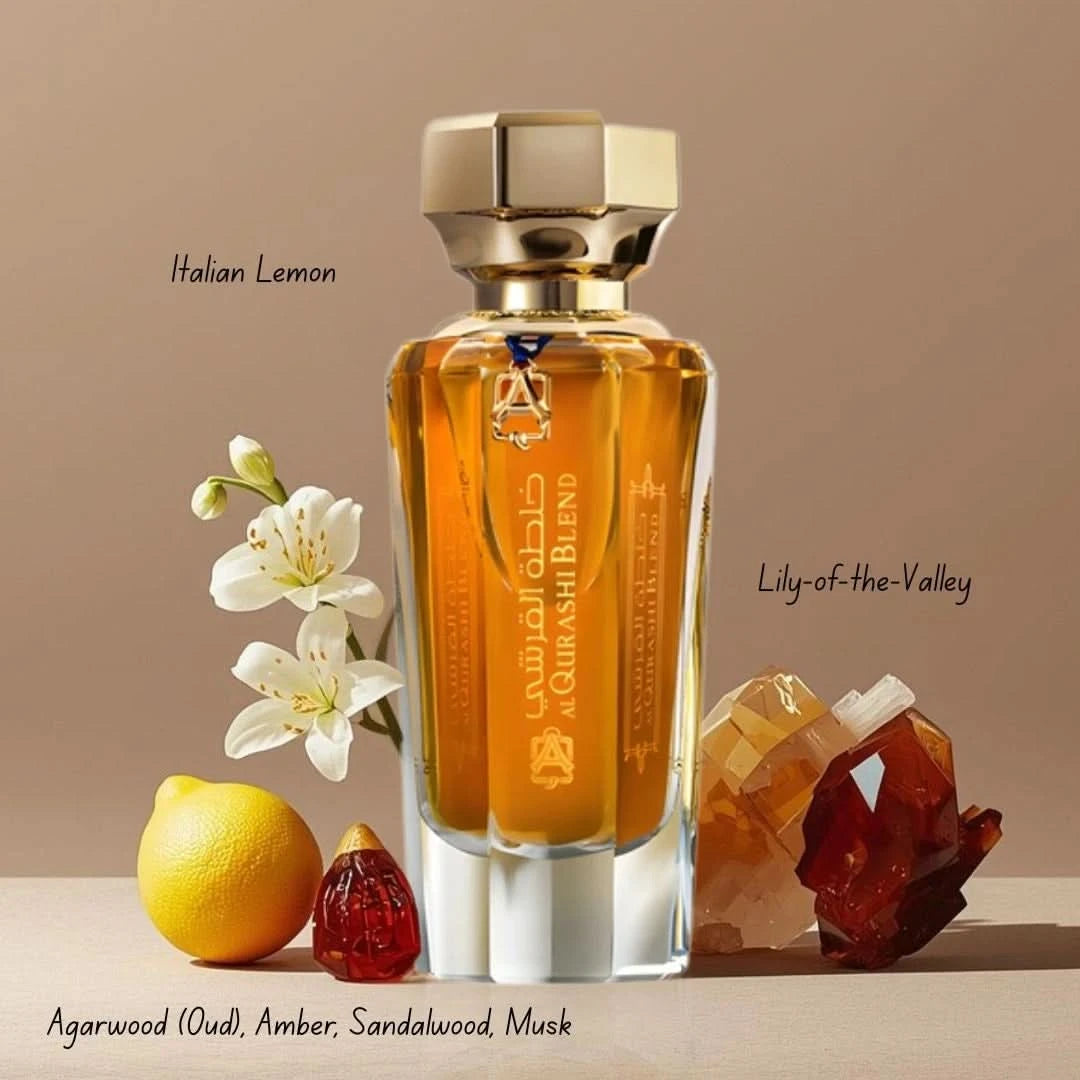 Al Qurashi Blend Eau de Parfum by ASQ, 90ml bottle, elegant fragrance with a sleek design and decorative cap.