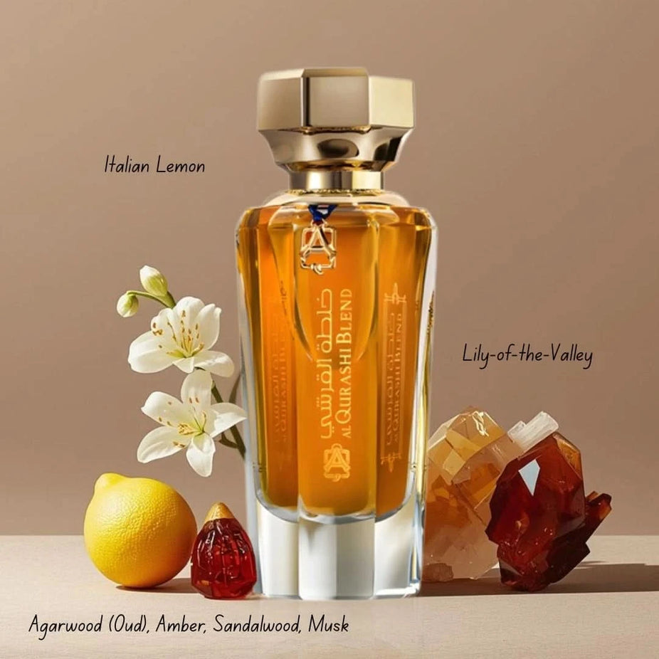 Al Qurashi Blend Eau de Parfum by ASQ, 90ml bottle, elegant glass container with gold accents, showcasing the fragrance.