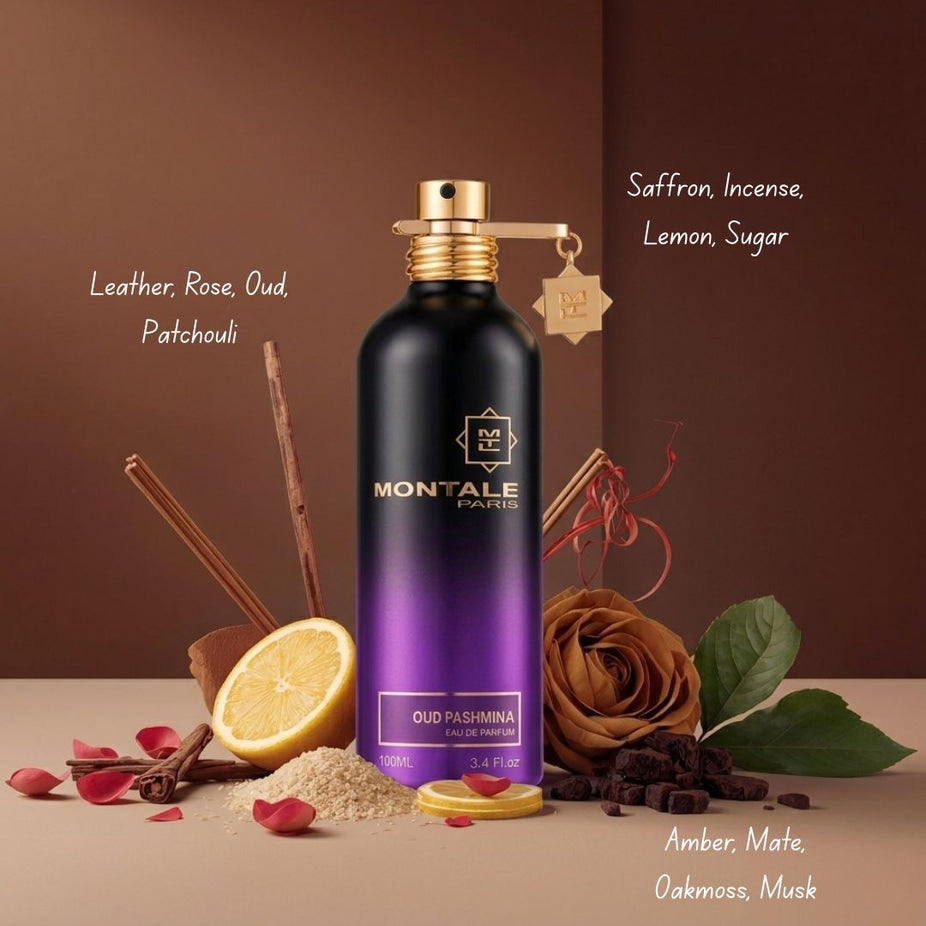 Montale Oud Pashmina Eau de Parfum spray bottle, 100ml, with elegant packaging and dark amber liquid in a sleek bottle.