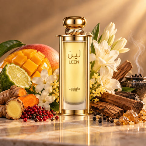 Lattafa Pride Leen EDP 100ml Eau De Parfum bottle with elegant design and fragrance details visible.