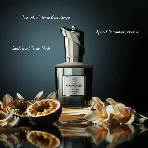 Lionora Extrait de Parfum 100ml by Mind Games in an elegant glass bottle, showcasing the luxurious EDP fragrance.