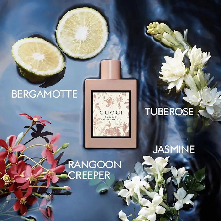 Gucci Bloom Eau de Toilette spray 100ml bottle with floral design, showcasing the iconic Gucci branding and elegant packaging.