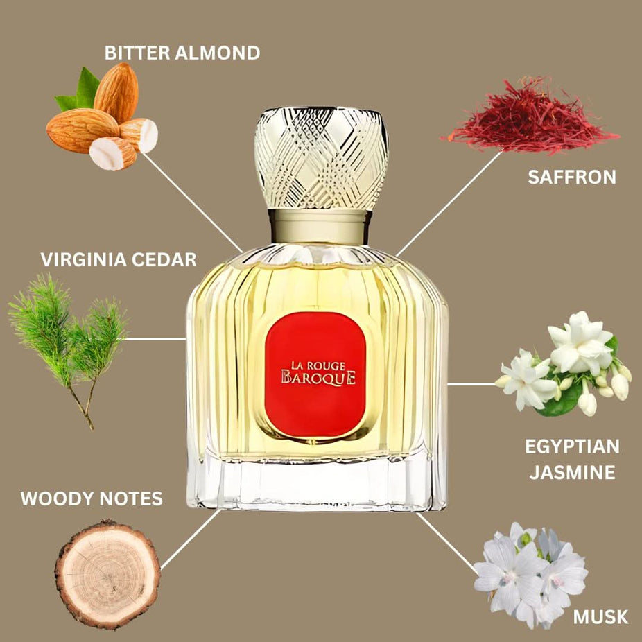 Maison Alhambra La Rouge Baroque Eau de Parfum spray 100ml bottle with ornate design, showcasing elegant fragrance packaging.
