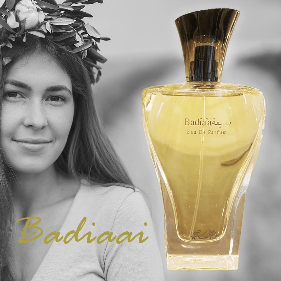 Rasasi Badia'a for Women EDP 100ml fragrance bottle with elegant design and floral accents visible in the image.