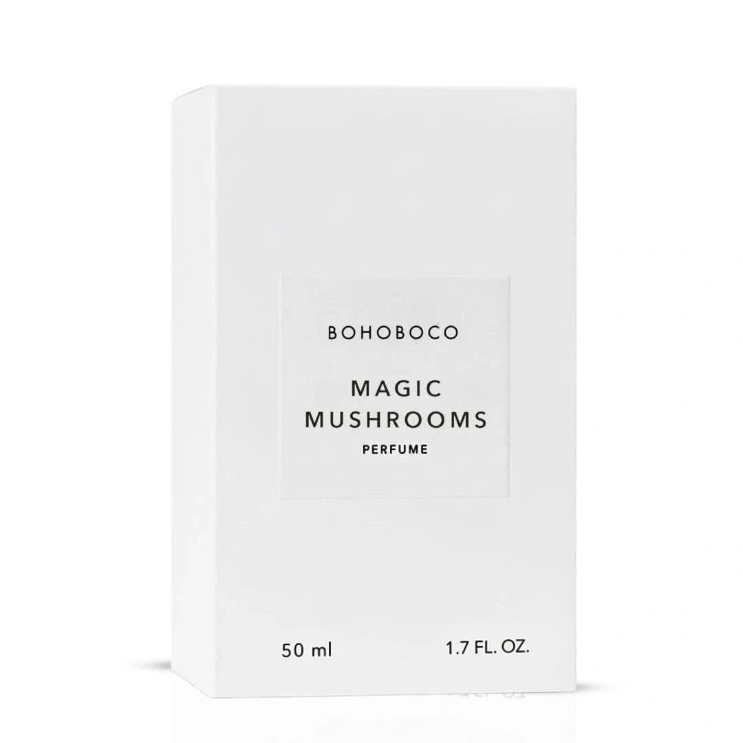 Bohoboco Magic Mushrooms Eau de Parfum spray bottle, 50ml, with elegant packaging and floral and mushroom-inspired design.
