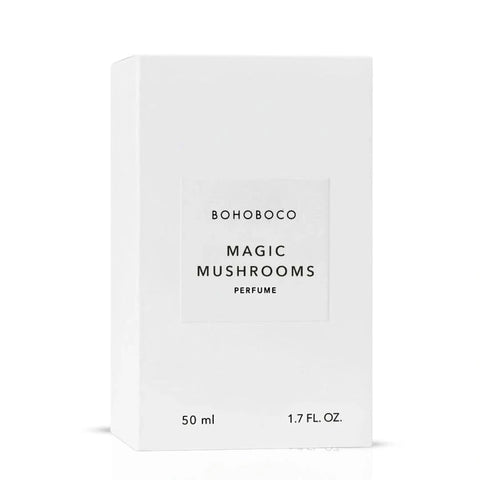 Bohoboco Magic Mushrooms Eau de Parfum spray bottle, 50ml, with elegant packaging and floral and mushroom-inspired design.