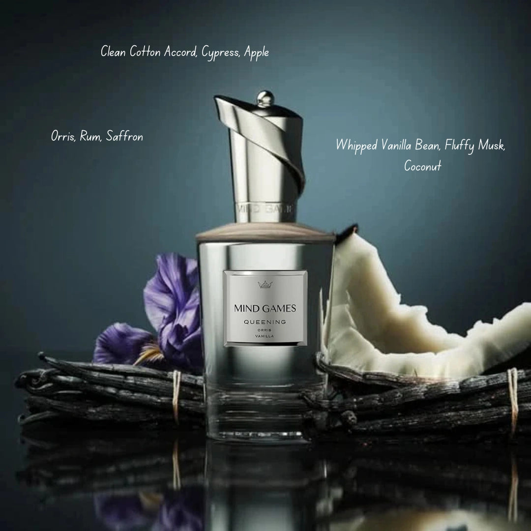 Soulmate Queening Extrait de Parfum by Mind Games, 100ml EDP bottle with elegant packaging, showcasing a luxurious fragrance design.