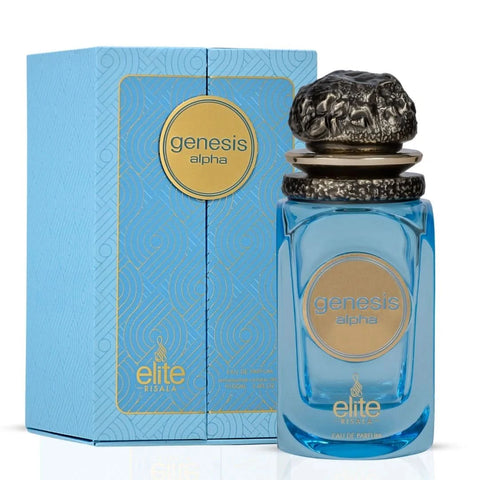 Elite Risala Genesis Omega and Alpha Eau de Parfum spray bundle, 100ml bottles with elegant packaging display.