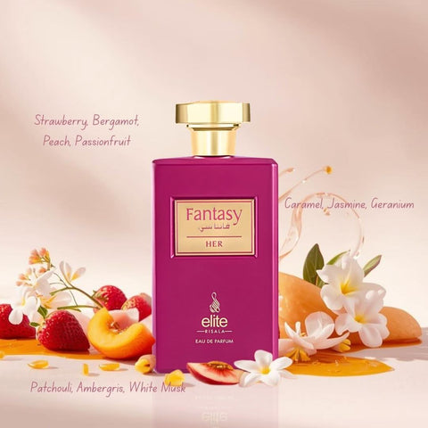 Elite Risala Fantasy For Her Eau de Parfum spray 100ml bottle, elegant design, showcasing the fragrance bottle and packaging.
