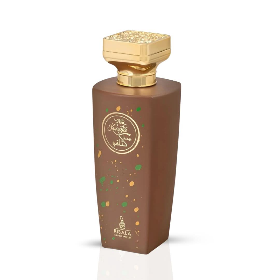 RISALA Pista Kunafa Eau de Parfum spray 100ml bottle with elegant design, showcasing the luxurious fragrance packaging.