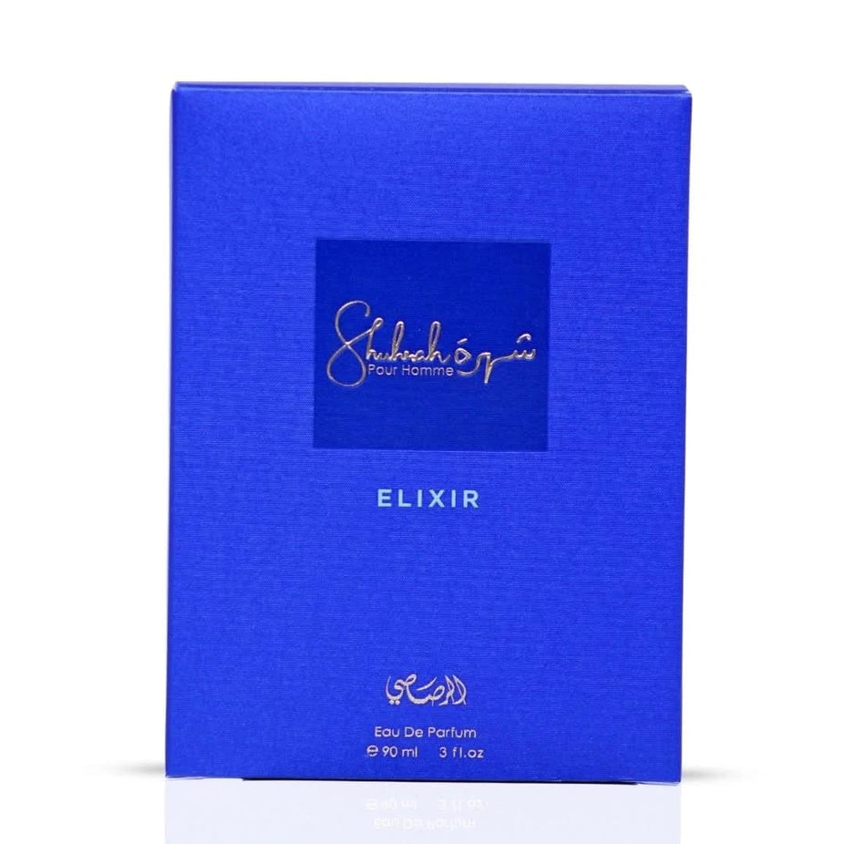 Shuhrah Elixir Pour Homme Eau de Parfum spray by Rasasi, 90ml bottle with elegant design on a white background.