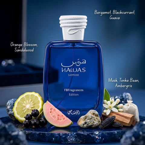 Hawas Sapphire X FBFragrances Edition Eau de Parfum Spray 100ml (3.4 oz) by Rasasi (Velvet Pouch)