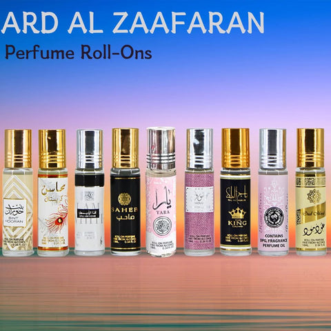 Set of nine Ard Al Zaafaran roll-on perfume oils in 10ml bottles, featuring assorted fragrances in a collection pack.