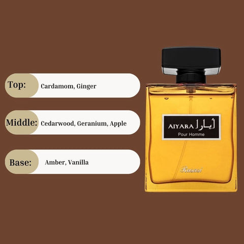 Aiyara Pour Homme EDP spray by Rasasi, 100ml, featuring a sleek bottle with a luxurious, spicy woody scent.