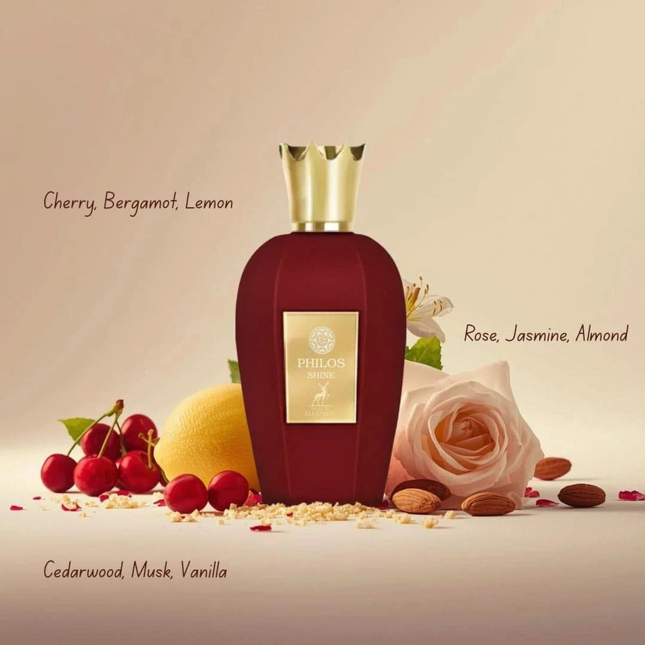 Philos Shine Eau de Parfum spray by Maison Alhambra, 100ml bottle with elegant design and perfume bottle visible.