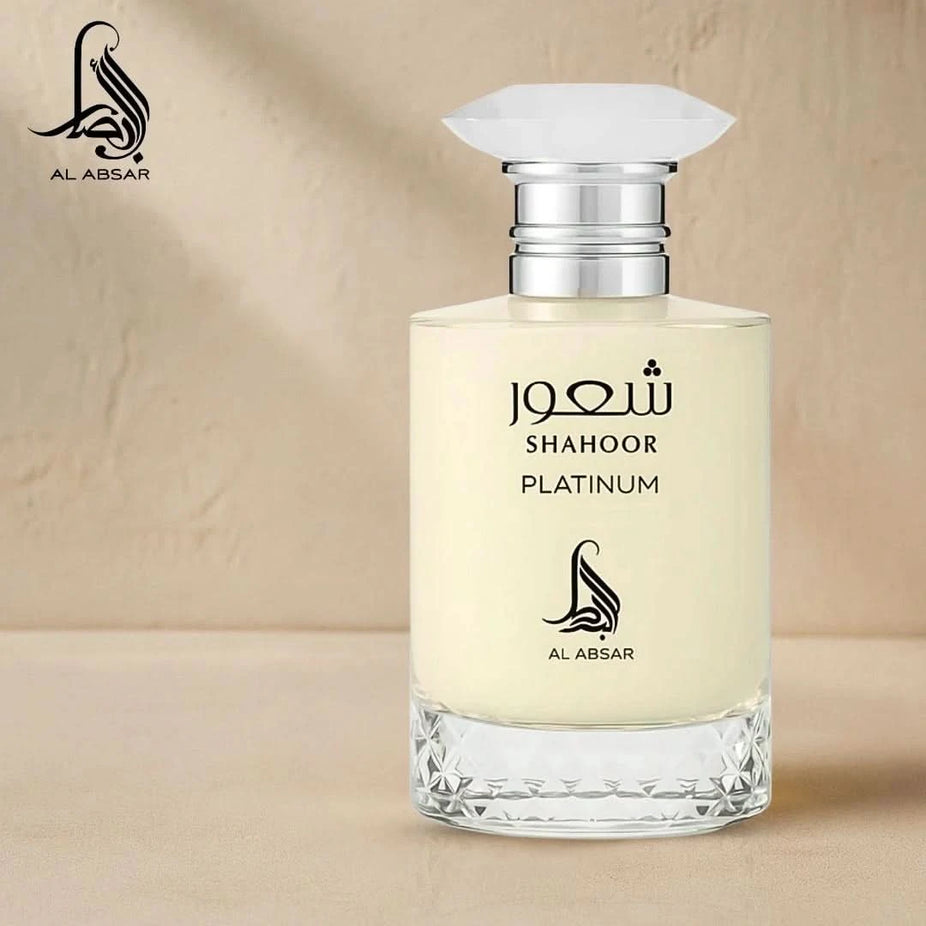 Shahoor Platinum Eau de Parfum Spray by Al Absar, 100ml bottle with sleek silver cap, elegant packaging.