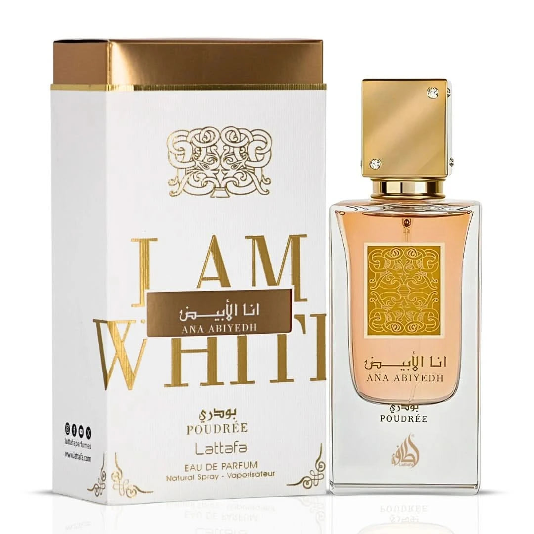 Lattafa Ana Abiyedh Poudree and Ana Abiyedh Rouge Eau de Parfum sprays, 60ml bundle, featuring elegant perfume bottles.