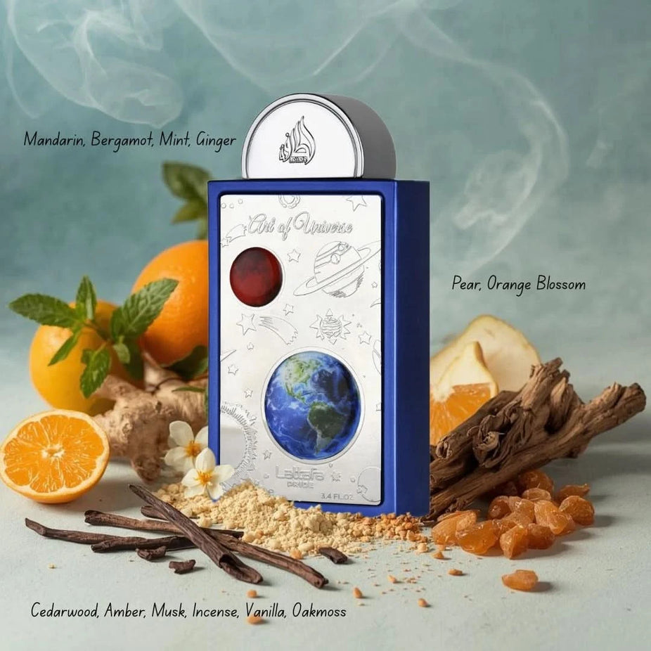 Lattafa Art of Universe Eau de Parfum spray bottle, 100ml, with sleek packaging and elegant design.