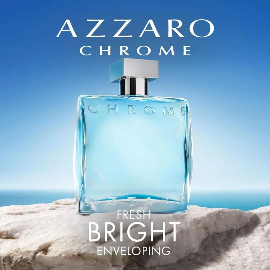 Azzaro Chrome Eau de Toilette spray bottle 100ml with sleek chrome design and clear cap, standing upright.