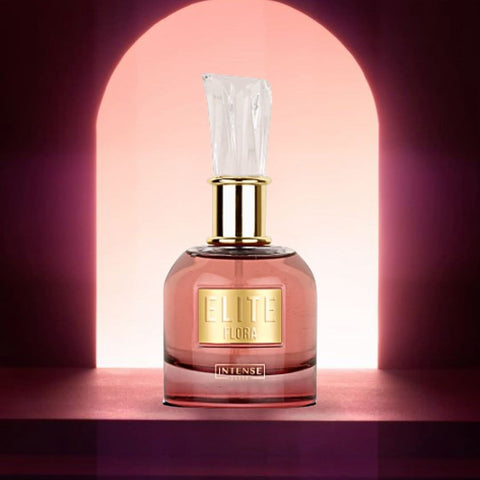 Elite Flora for Women Eau de Parfum spray by Intense Elite, 100ml bottle with velvet pouch visible in the image.