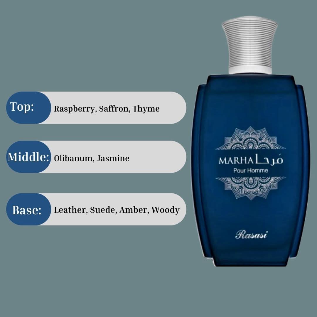 Rasasi Marha Pour Homme EDP spray 100ML with warm floral, masculine scent bottle and packaging on a neutral background.
