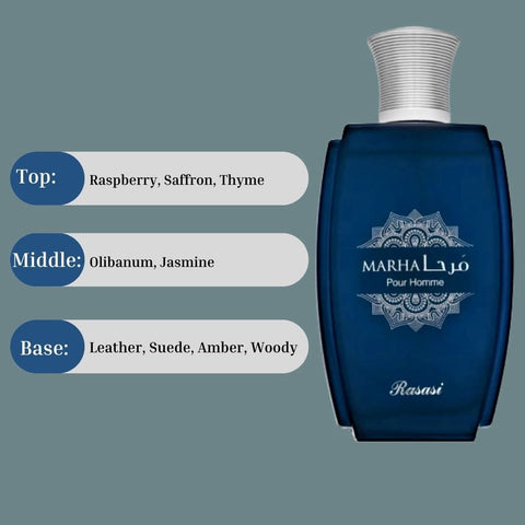 Rasasi Marha Pour Homme EDP spray 100ML with warm floral, masculine scent bottle and packaging on a neutral background.