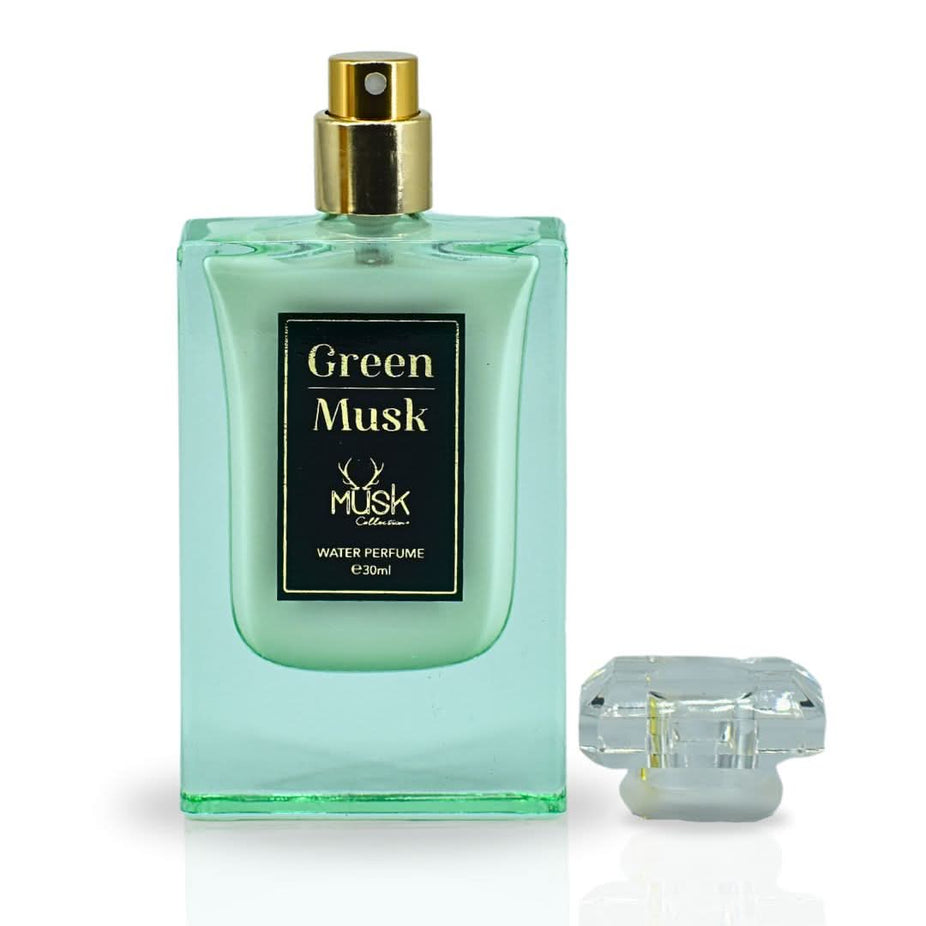 Hamidi Green Musk Water Perfume spray 30ml bottle with green and silver packaging, highlighting its refreshing and invigorating aroma.
