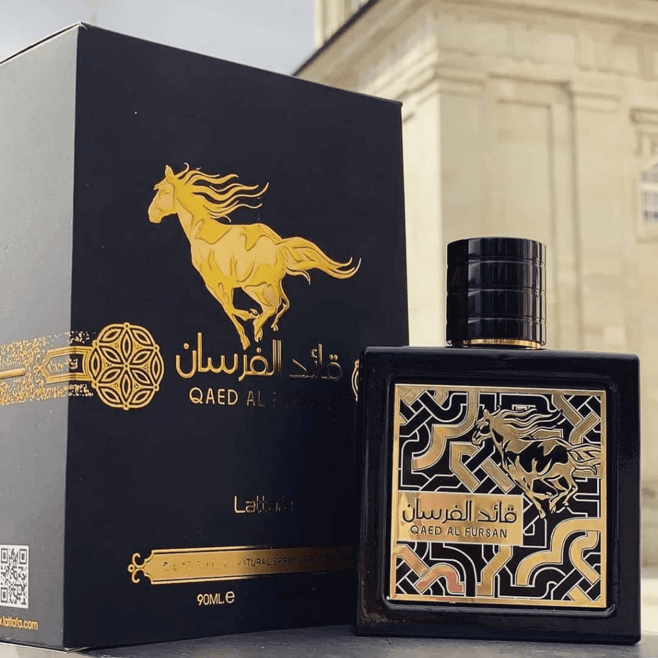 Qaed Al Fursan Eau de Parfum spray by Lattafa, 90ml, featuring elegant perfume bottle with gold accents and black cap.