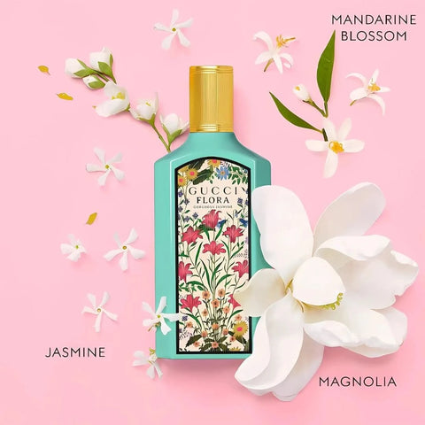 Gucci Flora Gorgeous Jasmine Eau de Parfum spray bottle, 100ml, with elegant floral design and transparent glass packaging.