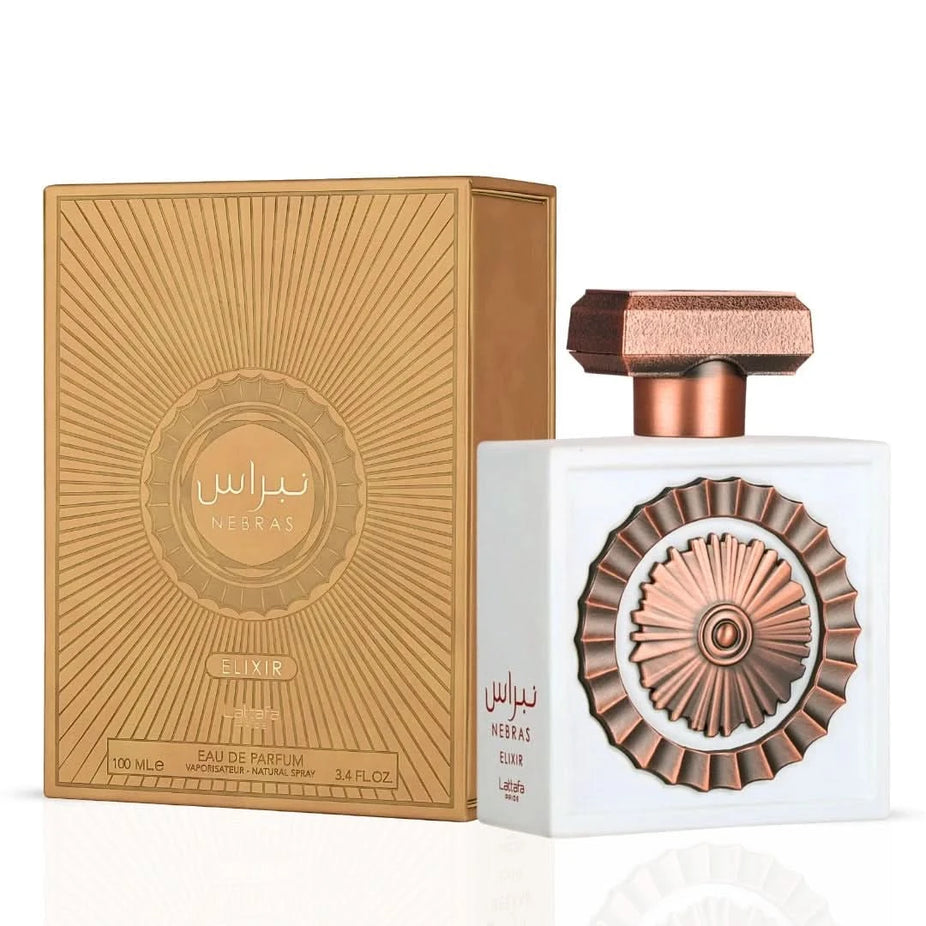 Lattafa Nebras Elixir and Eau de Parfum sprays in a 100ml bundle, featuring elegant bottles with intricate designs.