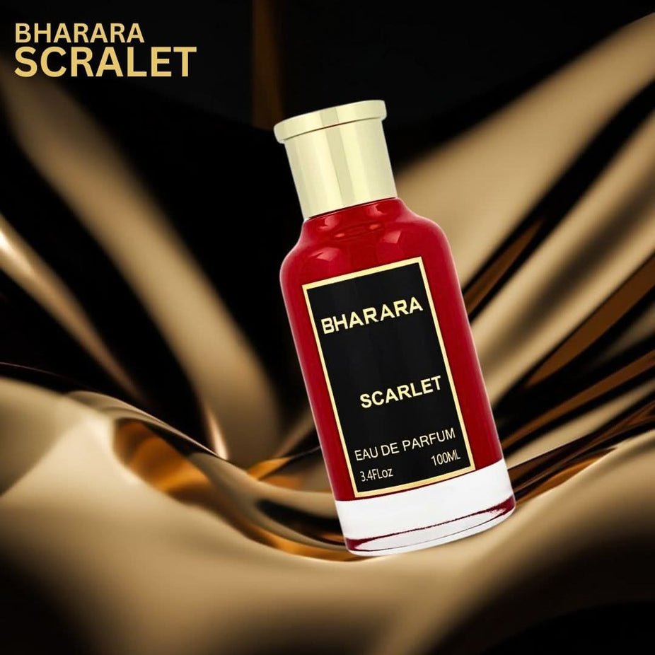 Bharara Scarlet Eau de Parfum spray bottle with red and gold packaging, 100ml, by Bharara.