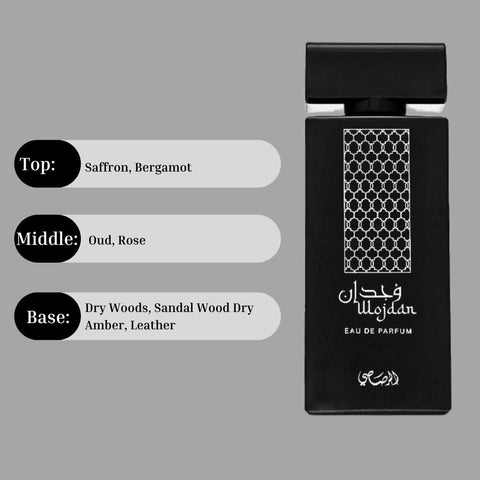 Rasasi Wojdan EDP perfume spray 100ML, featuring warm spicy, floral, woody, and exotic unisex scent in a sleek bottle.