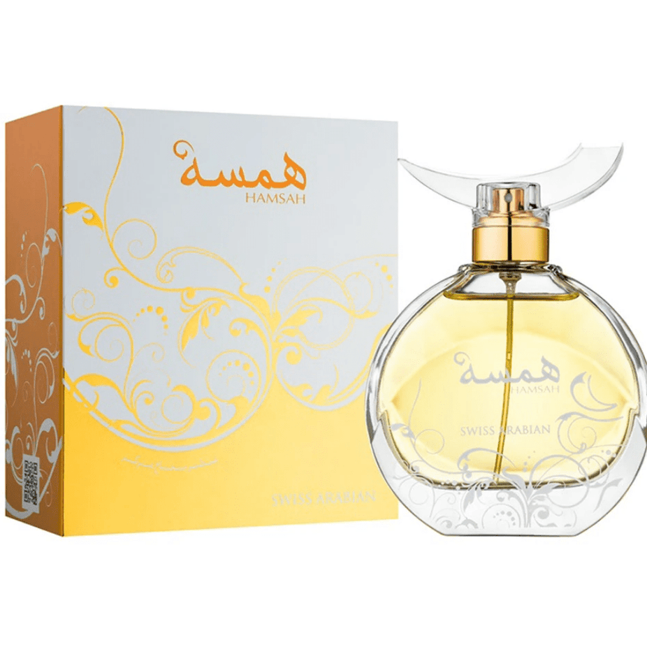 Swiss Arabian Hamsah for Women EDP bottle, 80 ML (2.7 oz), elegant perfume packaging with a sleek design.