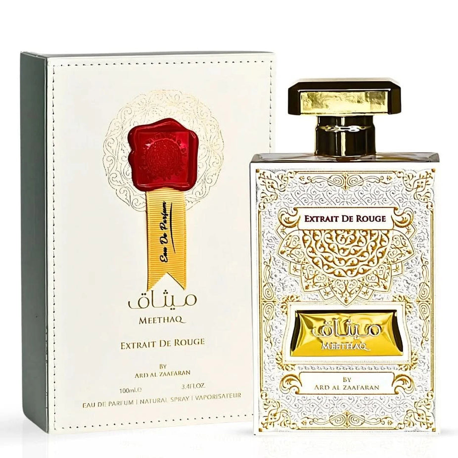 Lattafa Habik for Women and Ard Al Zaafaran Meethaq Extrait De Rouge perfume bundle, featuring two 100ml Eau de Parfums.