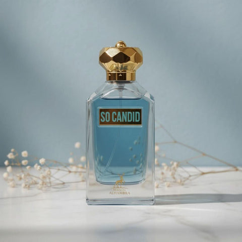 Maison Alhambra So Candid Pour Homme Eau de Parfum spray bottle, 100ml, with sleek packaging and brand logo visible.