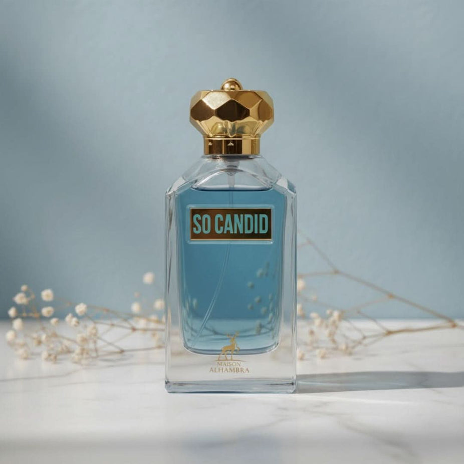 Maison Alhambra So Candid Pour Homme Eau de Parfum spray bottle, 100ml, with sleek design and fragrance details visible.