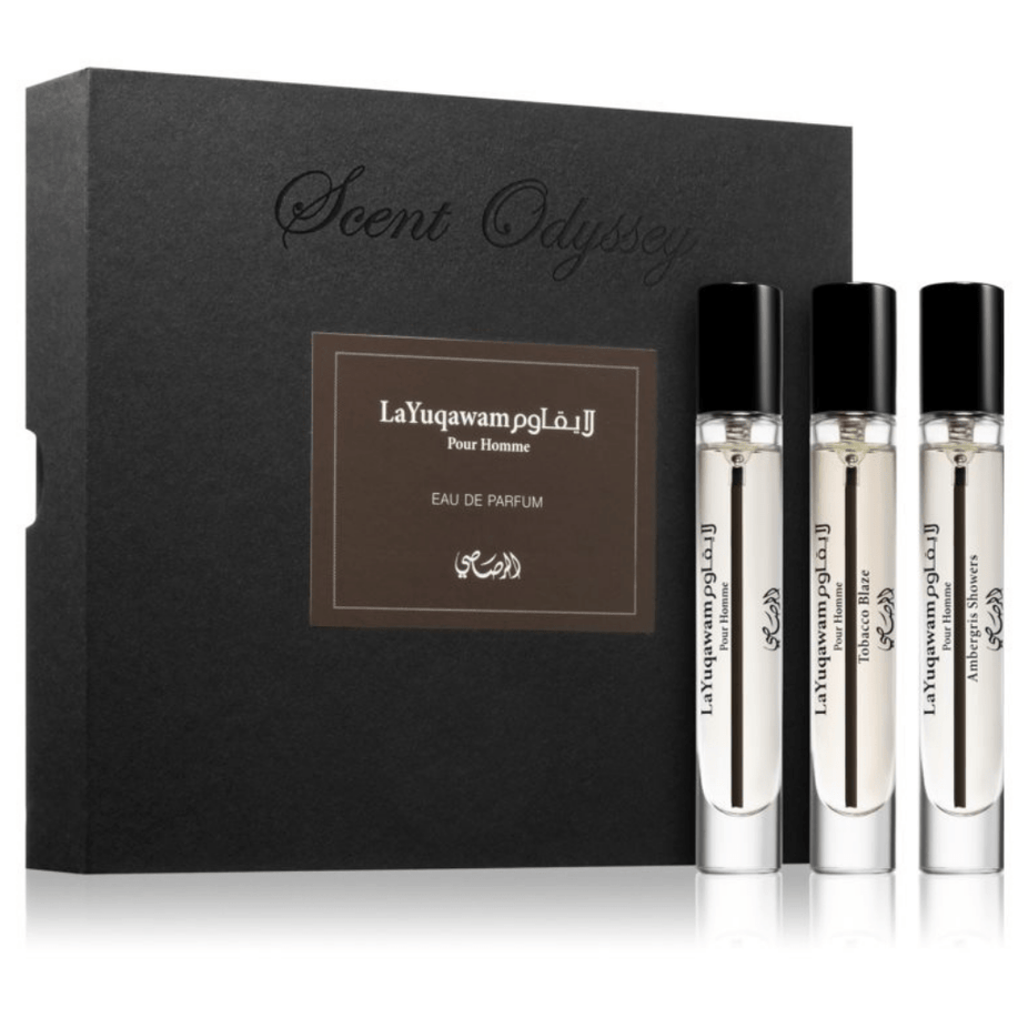 Rasasi Scent Odyssey La Yuqawam pour Homme perfume gift set with three 7.5ML bottles in elegant packaging.