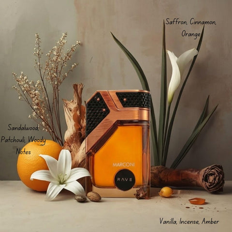 RAVE Marconi Eau de Parfum Spray 100ml with elegant glass bottle and silver cap, showcasing the fragrance's packaging.